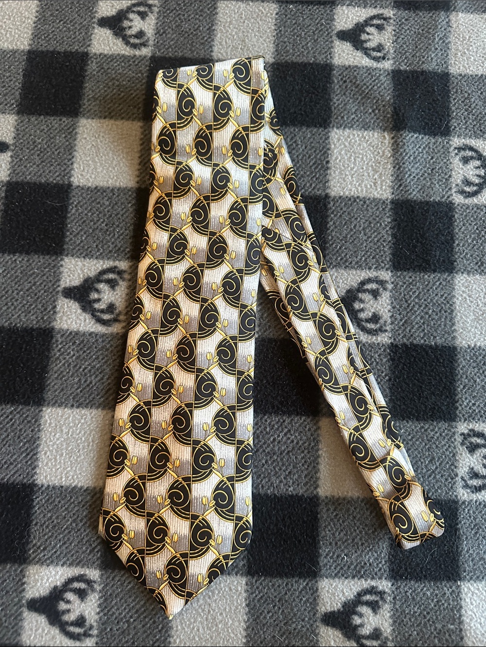 Lanvin Black, Gold and White Geometric Silk Tie